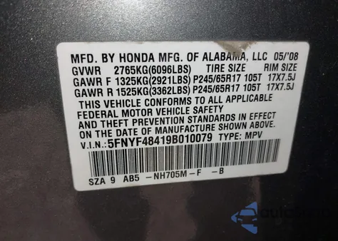 2009 Honda Pilot Ex from USA, damaged, VIN 5FNYF48419B010079
